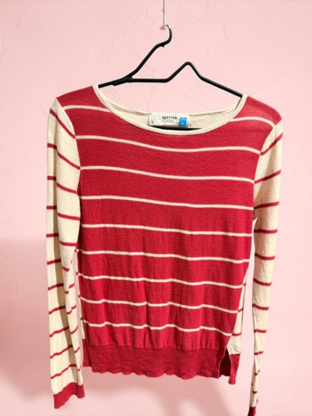 Sparrow Anthropologie Red Cream Striped Cotton Wool Sweater Size M Scallop Hem